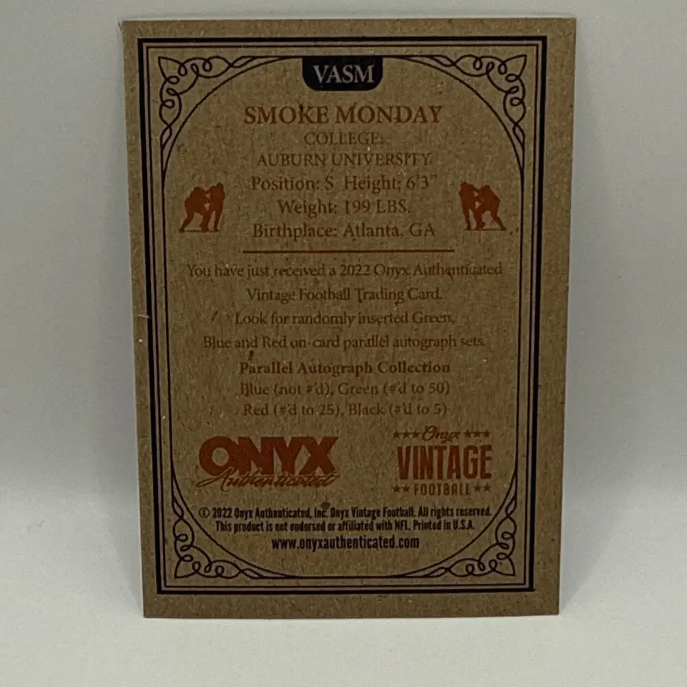 2022 Onyx Vintage AUTOGRAPH Blue Ink SMOKE MONDAY Saints AUBURN Tigers